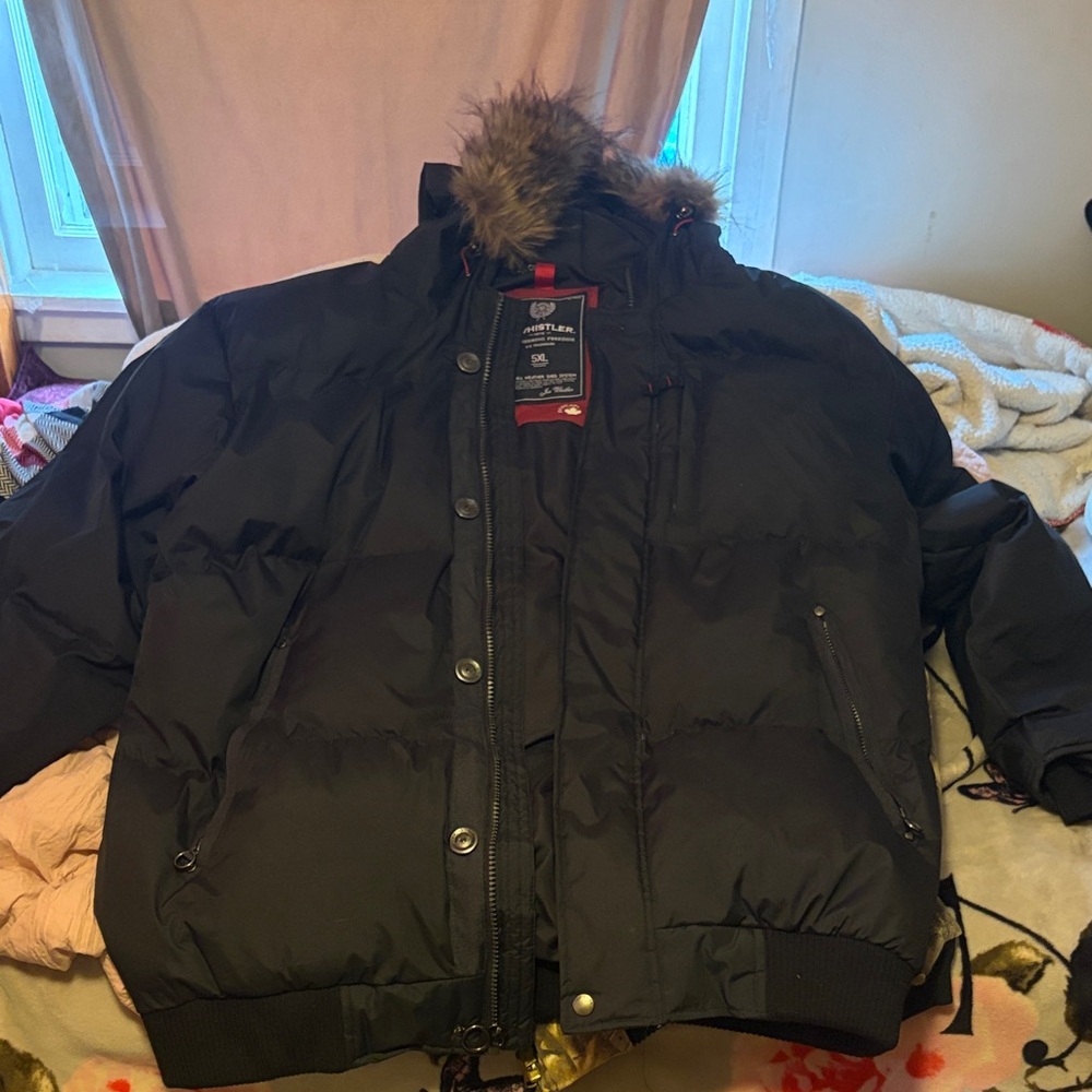 Men's Black Winter Jacket with Fur Hood